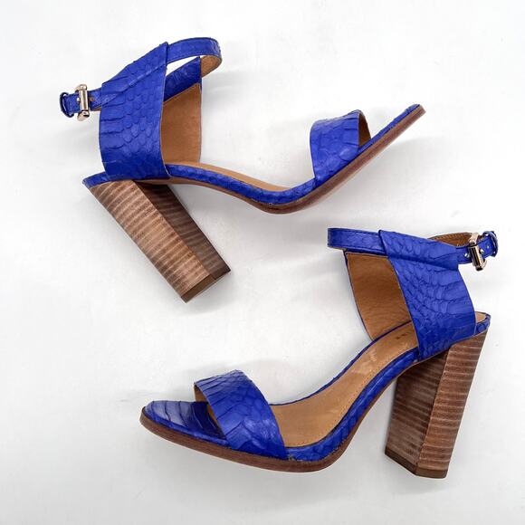 COACH Lexey Snake Embossed Leather Sandals 6 Cobalt Blue Stacked Block Heel - Picture 5 of 11